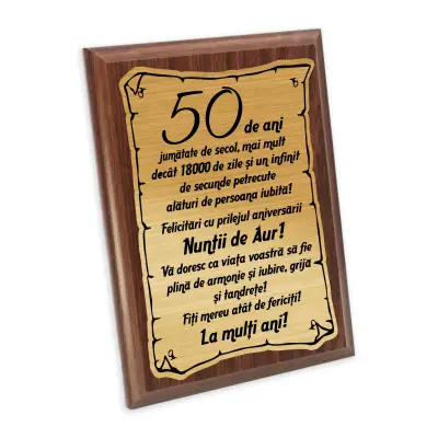 50 de ani jumatate de secol, placheta lemn personalizata prin gravura